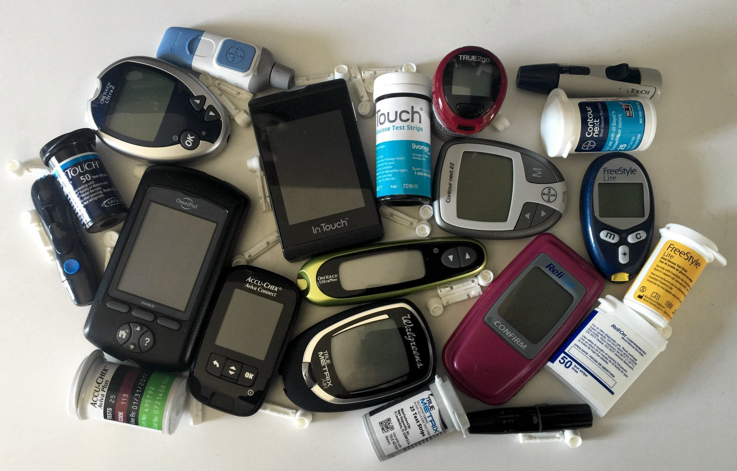 pile of blood glucose meters - blood glucose meter results - real life blood sugars - diabetes blood sugars - best glucose meters - best diabetes test kit - most accurate glucose meter