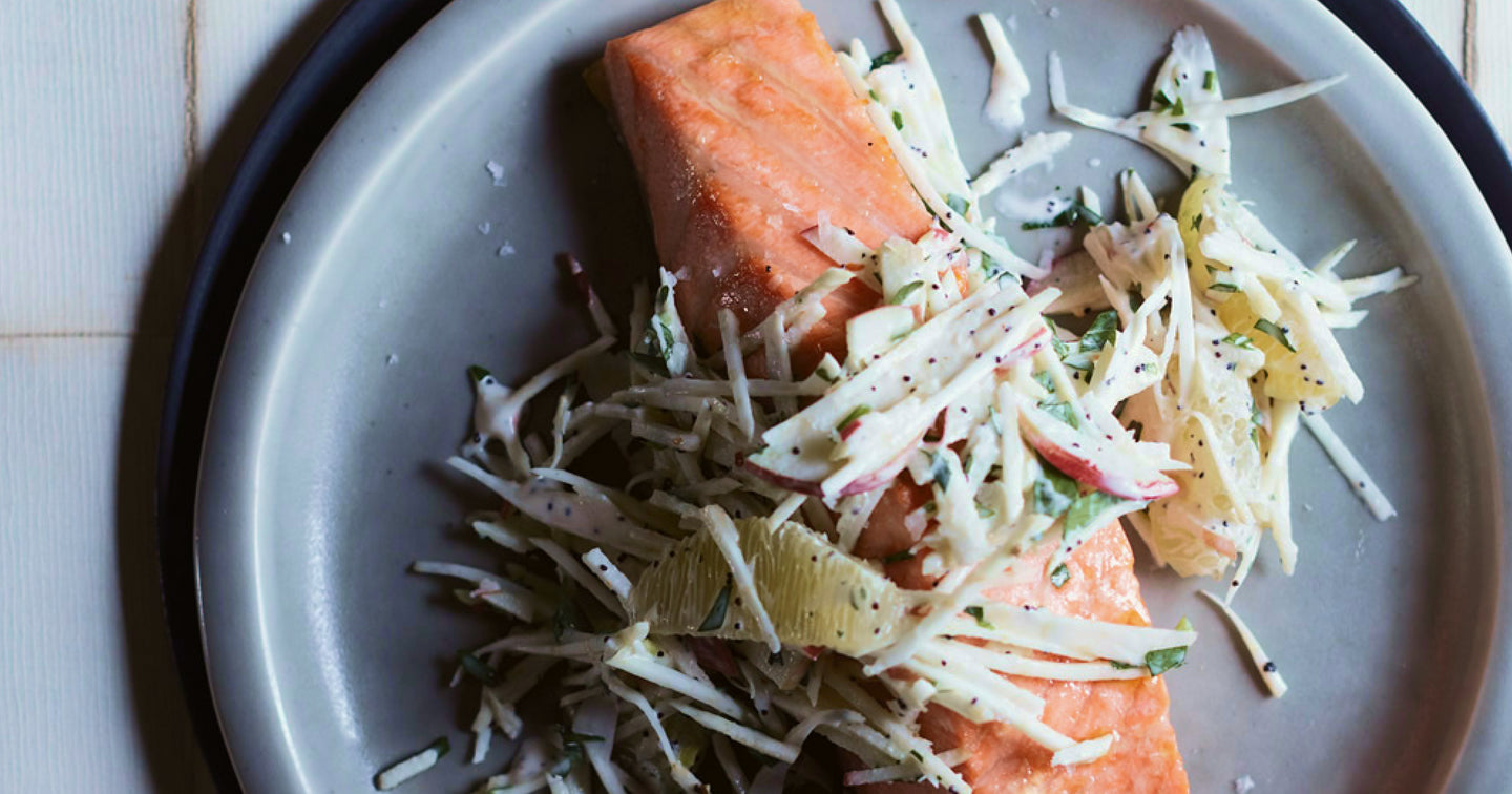 Low Carb Celery Root Slaw Over Roasted Salmon - One Drop